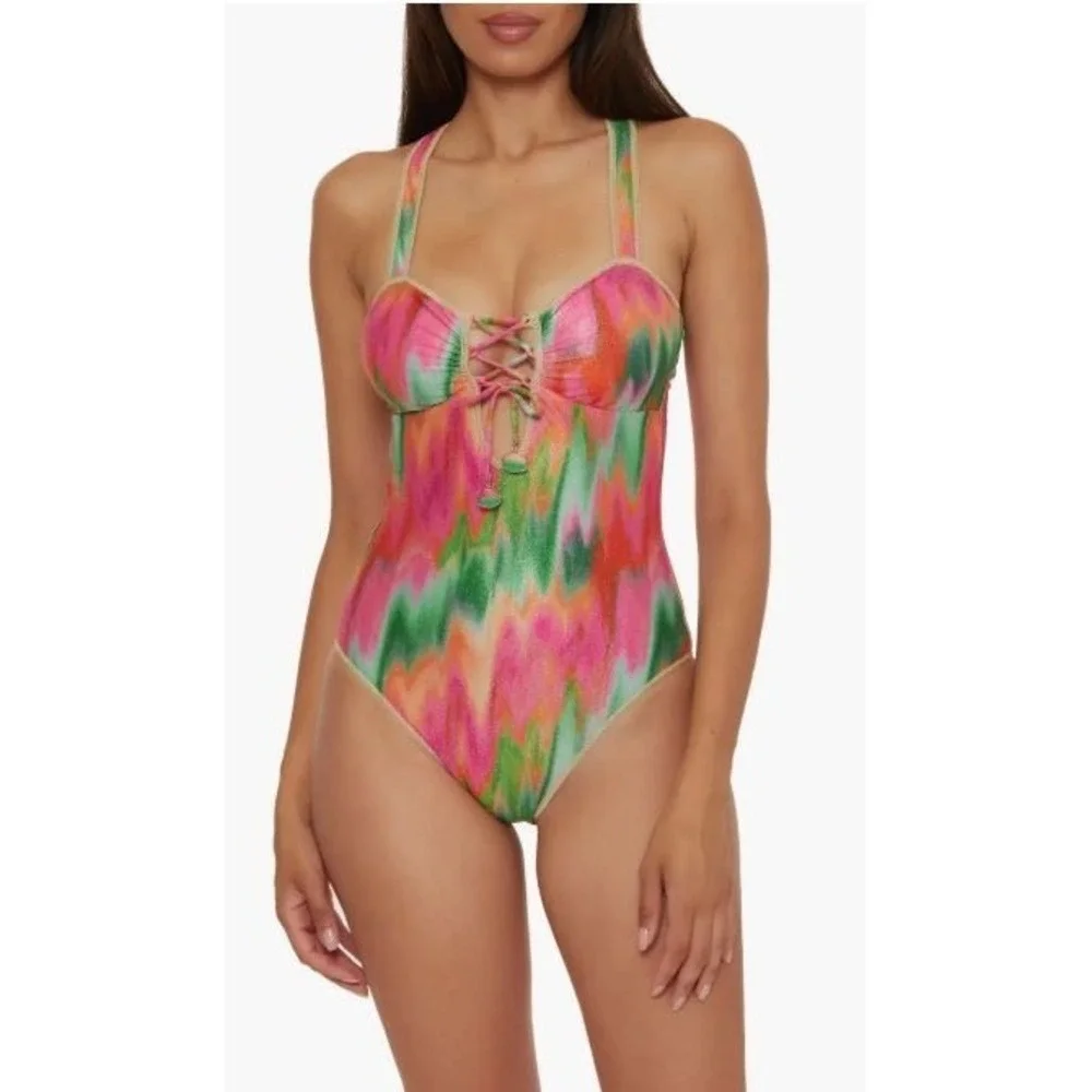 BECCA by Rebecca Virtue Women's Mirage Metallic Lace-Up One-Piece Swimsuit Small